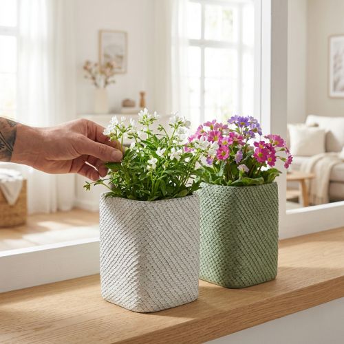 Artikel Plantekasse keramik hvidgrøn reliefnet 12x12cm H17,5cm 2stk.