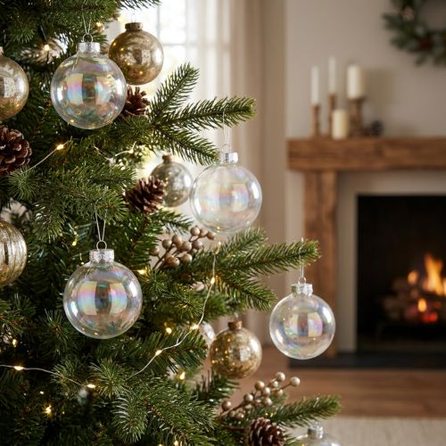 Artikel Julekugler i glas, iriserende, klare, 7,5 cm, 12 stk.