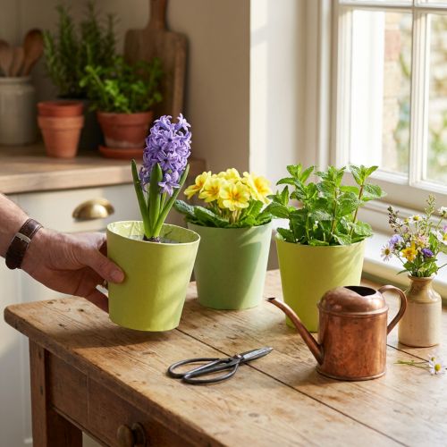Papir cachepot, plantekasse, potte til plantning blå/grøn Ø13cm H12,5cm 4stk. | Floristik24.dk