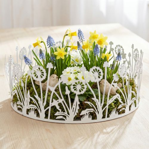 Dekorativ bakke med mælkebøtter, metaldekoration til forårshvid, sølv shabby chic Ø25cm H10,5cm | Floristik24.dk