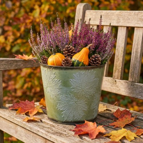 Planter, metalpotte med ahornblade, efterårsdekoration grøn Ø25,5cm H22cm | Floristik24.dk