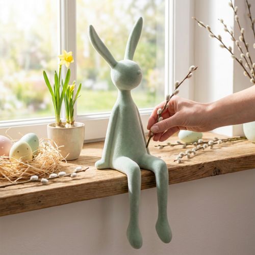 Påskeharehylde, siddende kanin, flokket, grågrøn, 56 cm | Floristik24.dk