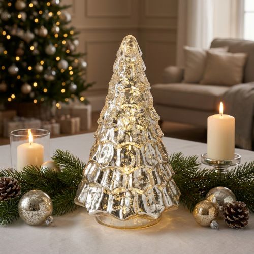 Mini juletræ med LED-lys, sølv og guld, 28 cm | Floristik24.dk