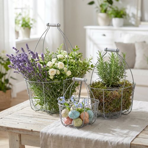 Trådkurv med håndtag, kurve nostalgisk, metalkurv shabby chic, antikt look sølv, hvid L35/30/25cm H46,5/35/25cm sæt med 3 stk. | Floristik24.dk
