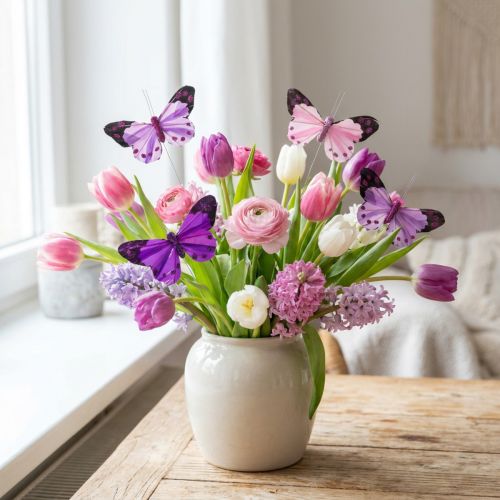 Deco sommerfugl på tråd fjer sommerfugle lilla/pink 9,5cm 12stk | Floristik24.dk