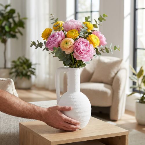 Dekorativ vase hvid blomstervase med hank keramik H26cm | Floristik24.dk