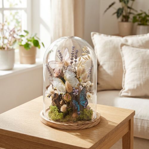 Glasklokke på træbakke, glaskrukke, klar, natur, Ø17cm, H24cm | Floristik24.dk