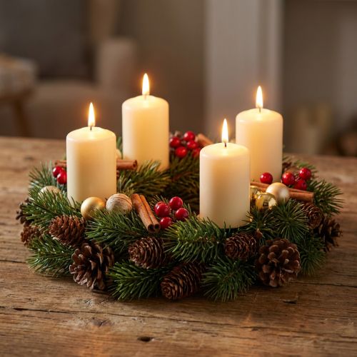 Adventskrans, grankrans med naturlige og kunstige kogler, grøn dørkrans Ø30 cm, juledekoration | Floristik24.dk