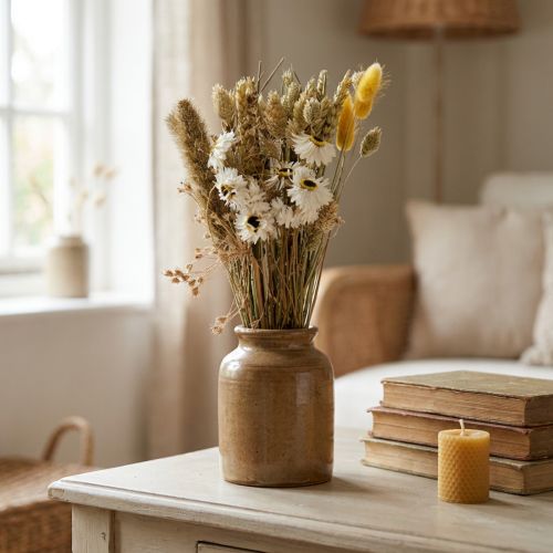 Tørrede blomsterbuket stråblomster Phalaris hvid gul 30cm | Floristik24.dk