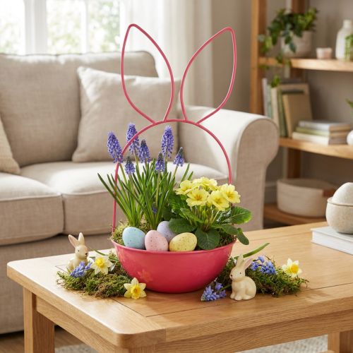 Påskeplante, dekoration, kanin, metalkurv til indendørs/udendørs brug, 33 cm | Floristik24.dk