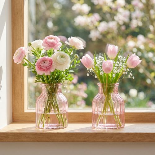 Retro glasblomstervase, lyserød, Ø11 cm H14,5 cm, 2 stk. | Floristik24.dk
