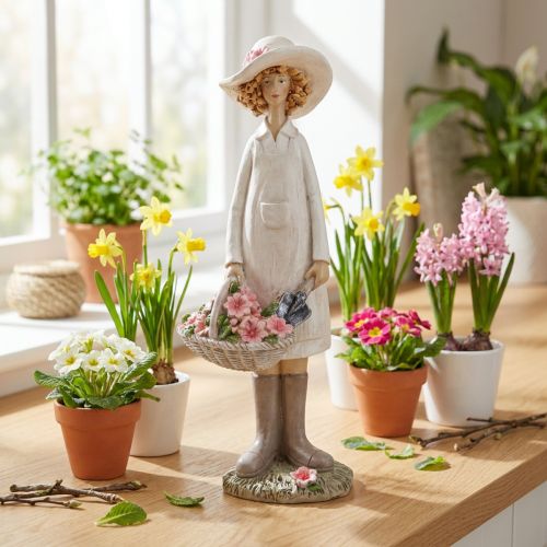 Dekorative figurer gartner, dekorativ kvinde med blomster, hvid pink, H21 cm | Floristik24.dk