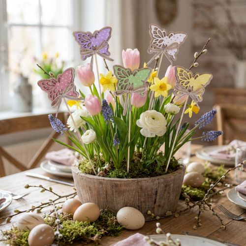 Forårsdekoration blomsterpropper træ sommerfugle 6cm 10stk | Floristik24.dk