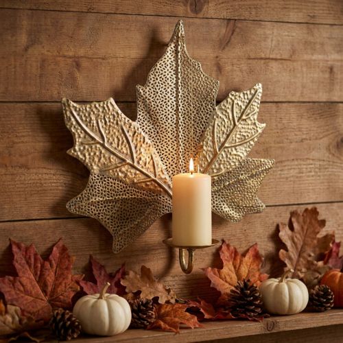 Artikel Metal vægdekoration Maple Leaf Lysestage Gylden Antik 42cm × 39cm