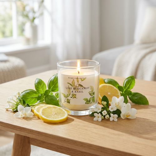 Duftlys i et glas bergamot lime basilikum Ø7,5cm H8,5cm | Floristik24.dk