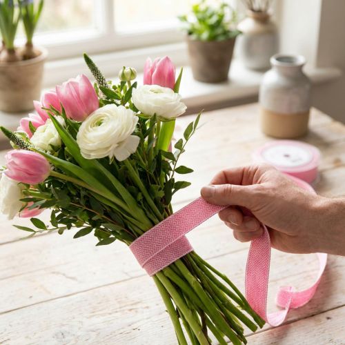 Gavebånd sildebensmønster bånd hvid pink 25mm 15m | Floristik24.dk