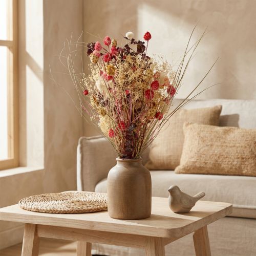Artikel Tørret blomsterbuket i boho-stil med jordbærtidsel og kornblomst i bleget rød, naturtro 150 g