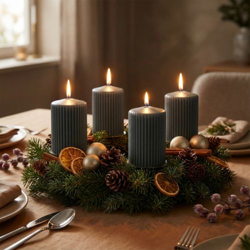 Antracitgule bloklys, rillede lys, 70/90 mm, sæt med 4, adventspynt | Floristik24.dk