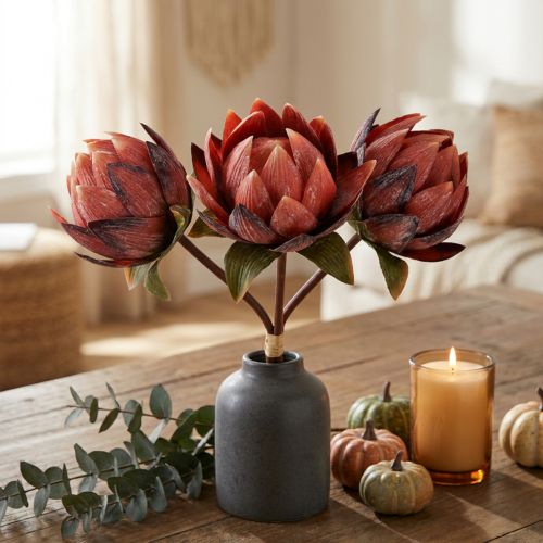 Dekorative Protea kunstige kunstige blomster rød-orange 34 cm 3 stk. | Floristik24.dk