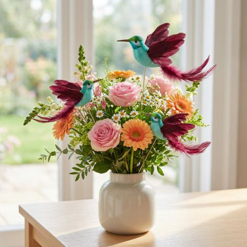 Hummingbird dekoration på pind turkis bordeaux 13-15cmx9-10cm 6 stk. | Floristik24.dk