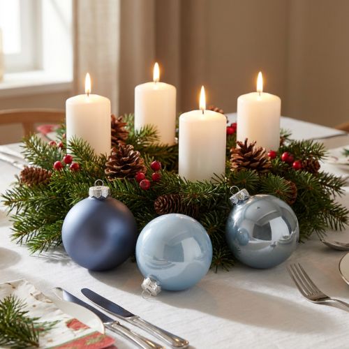 Artikel Sæt med blå/sølvfarvede glaskugler – matte og blanke, glasdekorationer til vinterblomsterarrangementer, 7,5 cm, 12 stk.
