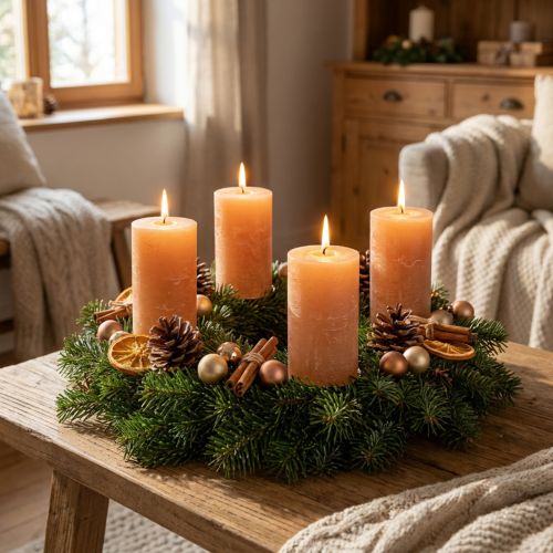 Artikel Orange fersken bloklys 70x120 mm, gennemfarvede, lang brændetid, sæt med 4 til adventsdekoration