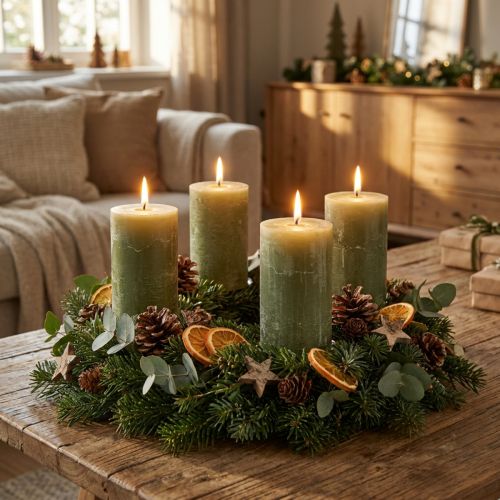 Ensfarvede olivengrønne bloklys 60×100 mm, sæt med 4, landlig stil, boho, advent | Floristik24.dk