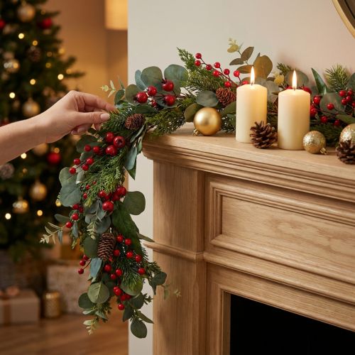 Julegirlande, grangrene, eukalyptus, nåletræer, bær, 160 cm | Floristik24.dk