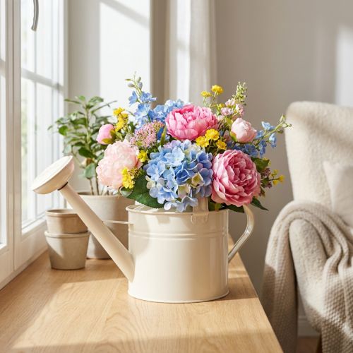 Artikel Vintage metalvandkande, cremehvid, dekorativ og funktionel, plantekasse til tørrede og kunstige blomster, indendørs vandkande, 26 cm H, 5 liter