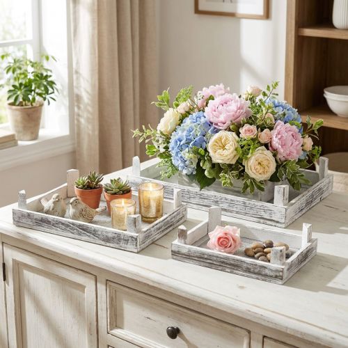 Dekorativ bakke træ shabby chic arrangement underlag sæt på 3 | Floristik24.dk