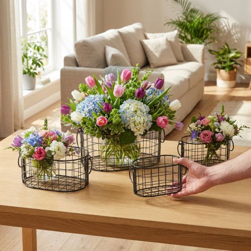 Trådkurv med håndtag metal sort 17-32cm sæt af 4 | Floristik24.dk