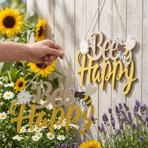 Artikel Dekorativt skilt bi “Bee Happy” sommerdekoration træ 31×18cm 2stk