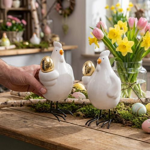 Pyntekylling med guldæg, påskefigur porcelæn, påskepynthøne H12cm 2stk | Floristik24.dk