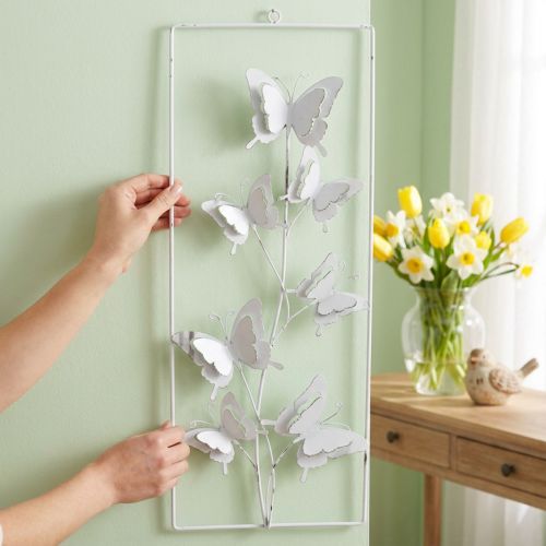 Sommerfugl hængende fjeder Metal Vægkunst Shabby Chic Hvid Sølv H47.5cm | Floristik24.dk
