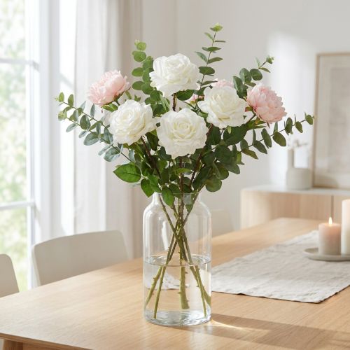 Hvid Rose Falsk Rose på Stængel Silke Blomst Falsk Rose L72cm Ø13cm | Floristik24.dk