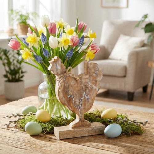Artikel Trækylling, forårsdekoration, påskefigur natur, hvidvasket H26cm