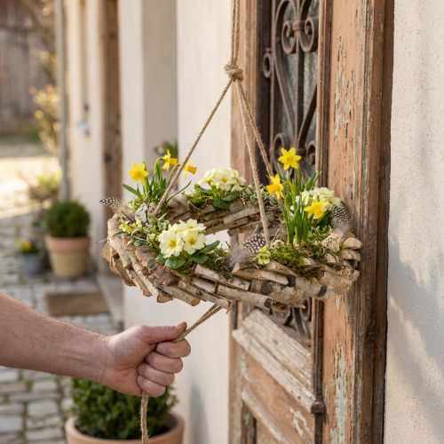Trækrans til ophæng med krog lavet af birketræ Ø35cm - Naturlig dekoration til foråret, makrame, blomster og krydderurter | Floristik24.dk