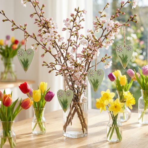 Dekorative hjerter til ophæng med blomster trægrøn, hvid 8,5×12cm 4 stk. | Floristik24.dk