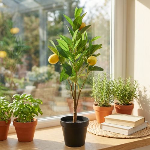 Kunstigt citrontræ i potte, middelhavsdekoration, kunstig citronplante, H58cm | Floristik24.dk
