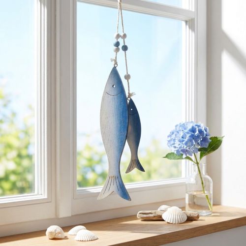 Fiske dekorative bøjler i træ fisk blå hvid 11,5/20 cm sæt af 2 | Floristik24.dk
