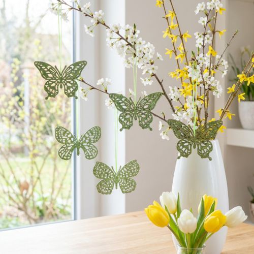 Dekorativ bøjle sommerfugl grøn glitter 8cm 12 stk | Floristik24.dk