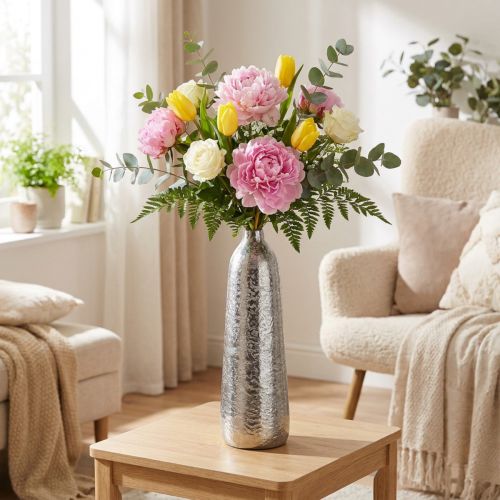 Dekorativ vase metal hamret blomstervase sølv Ø9,5cm H32cm | Floristik24.dk