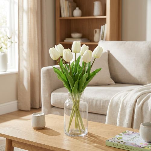 Kunstige Tulipaner Hvid Creme Real Touch 38cm 7 stk | Floristik24.dk