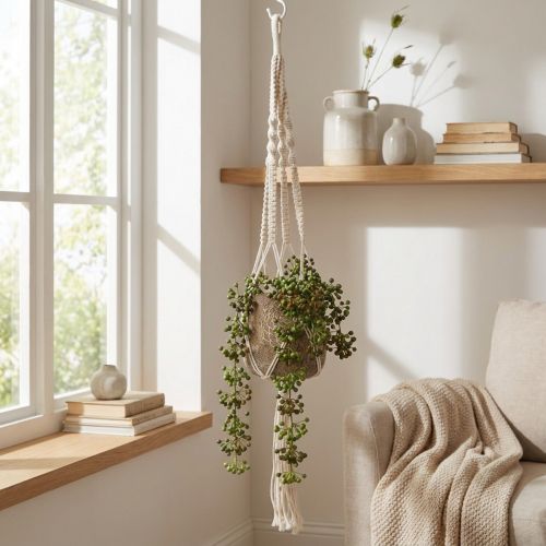 Makrame hængekurv til gryde Ø18–19cm creme H85cm | Floristik24.dk
