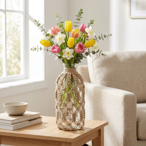 Makrame flaske glas dekorativ vase naturjute Ø10,5cm H26cm | Floristik24.dk