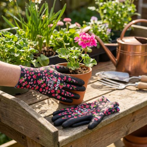 Kixx havehandsker, sorte med lyserøde blomster, størrelse 8 | Floristik24.dk