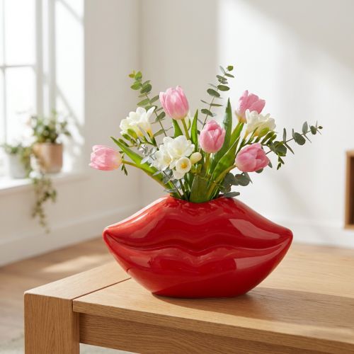 Keramikvase med rød kyssemund, dekorativ vase 17×8,5×9 cm | Floristik24.dk