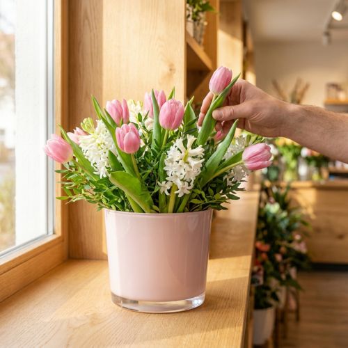 Artikel Blomsterpotte i glas, lyserød, glasspand, Ø14,5 cm, H12,5 cm