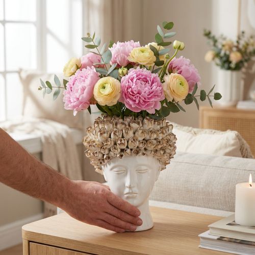 Hovedvase Keramikvase med roser Hvid Brun Ø19cm H2,5cm | Floristik24.dk