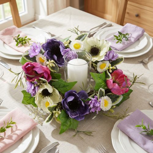Artikel Kunstig Blomsterkrans Anemoner Tusindfryd Lilla Hvid Ø25cm